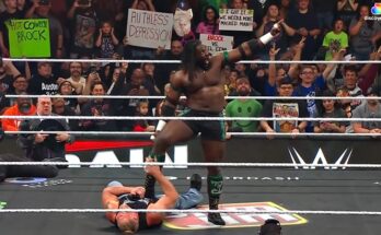 Oba Femi Powerbombs Brock Lesnar, Points at WrestleMania Sign